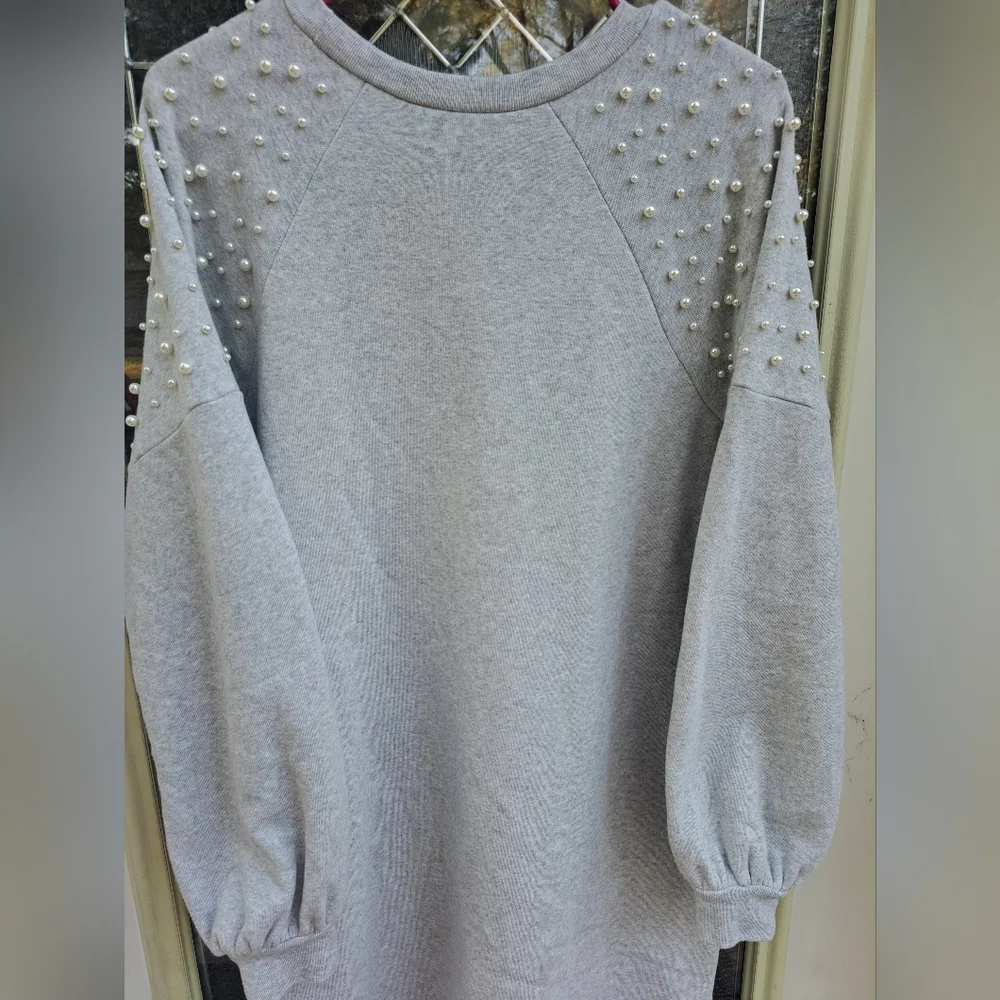 Express Pearl Embellished Gray Sweatshirt Dress Size Meduim - Picture 9 of 10